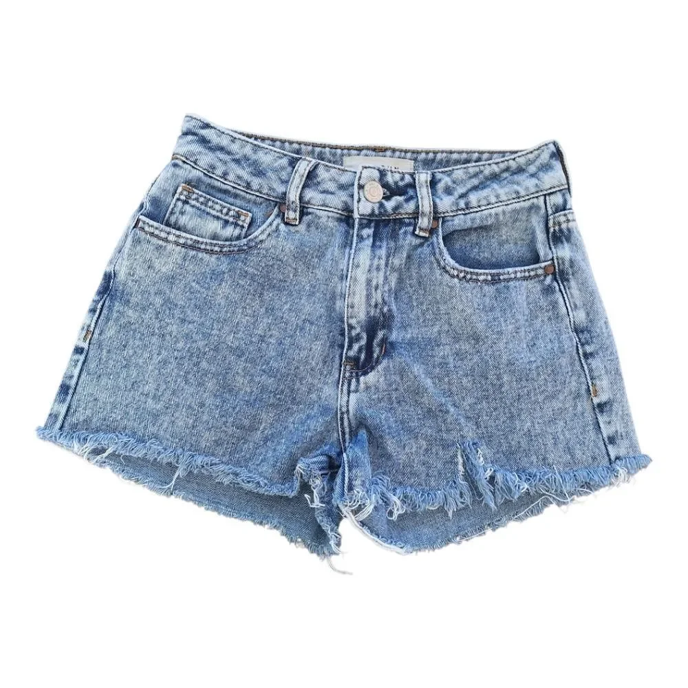 Pacsun Mom Jean Shorts Distressed Blue Denim with Frayed Hem size 23